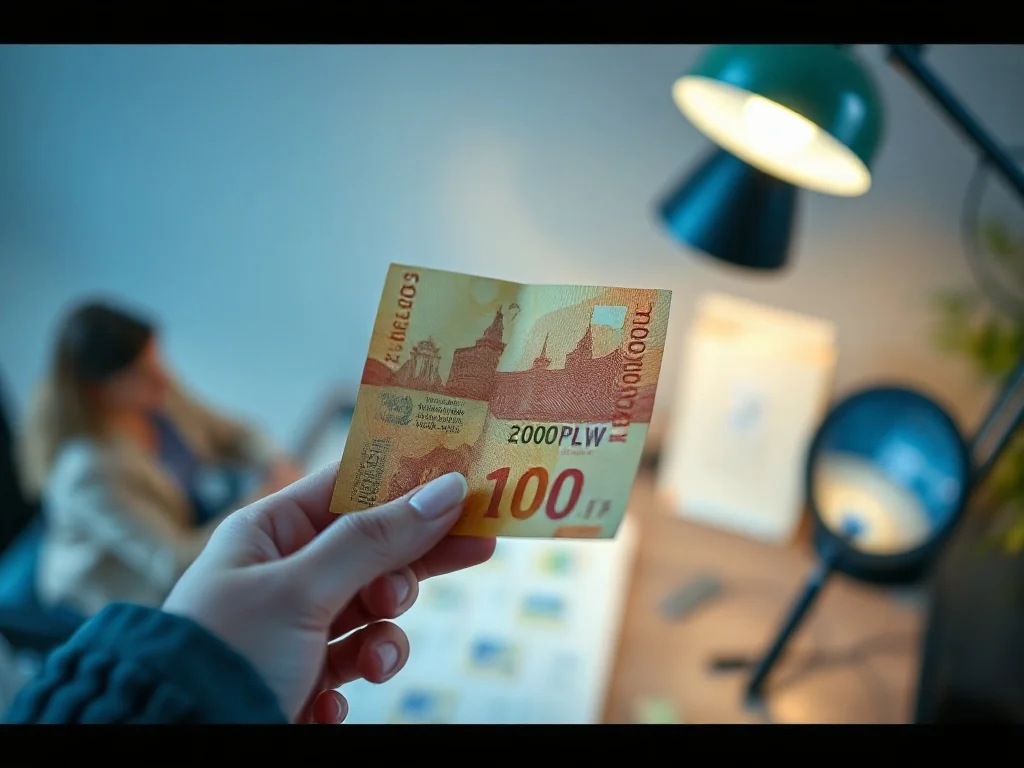 Dłonie sprawdzające pod światło znak wodny i pasek holograficzny na banknocie 100 zł w celu weryfikacji jego autentyczności.