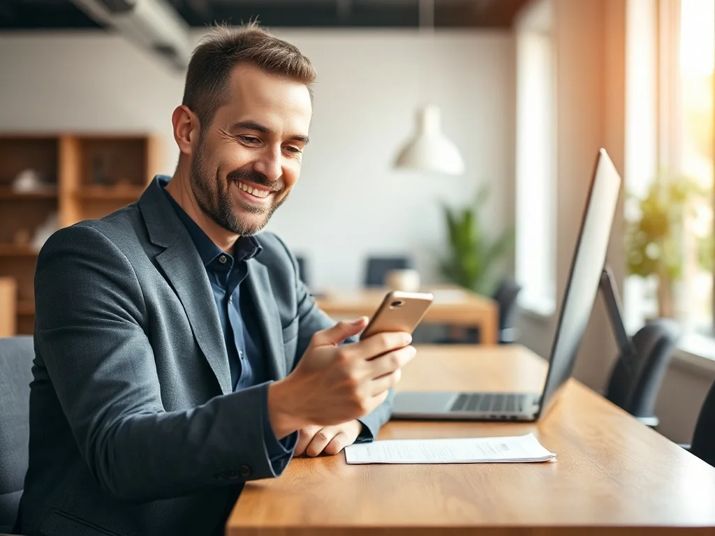 Zadowolony biznesmen sprawdza telefon przy biurku, co symbolizuje szybkie i sprawne zarządzanie finansami online.