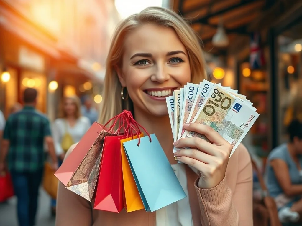 Uśmiechnięta kobieta trzymająca kolorowe torby z zakupami oraz banknoty o nominale pięćdziesięciu złotych na tle targu.