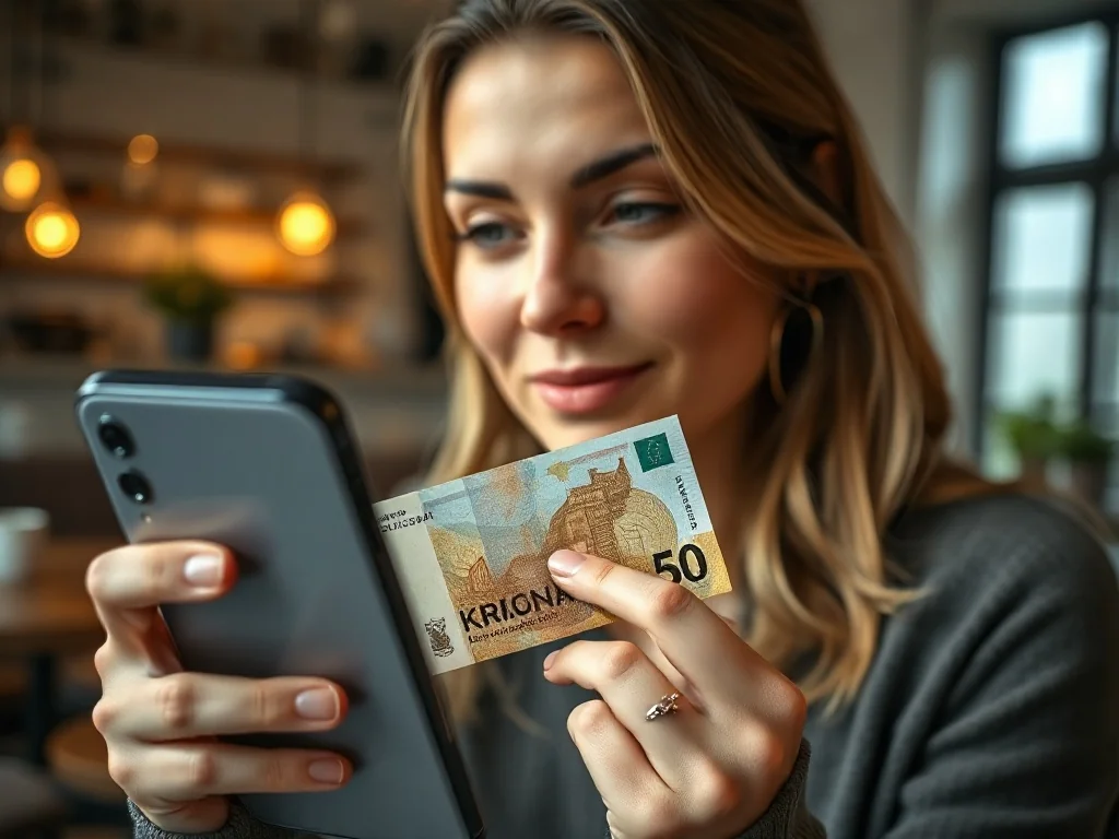 Kobieta trzymająca duński banknot 50 koron i sprawdzająca przelicznik walut w aplikacji na smartfonie w kawiarni.