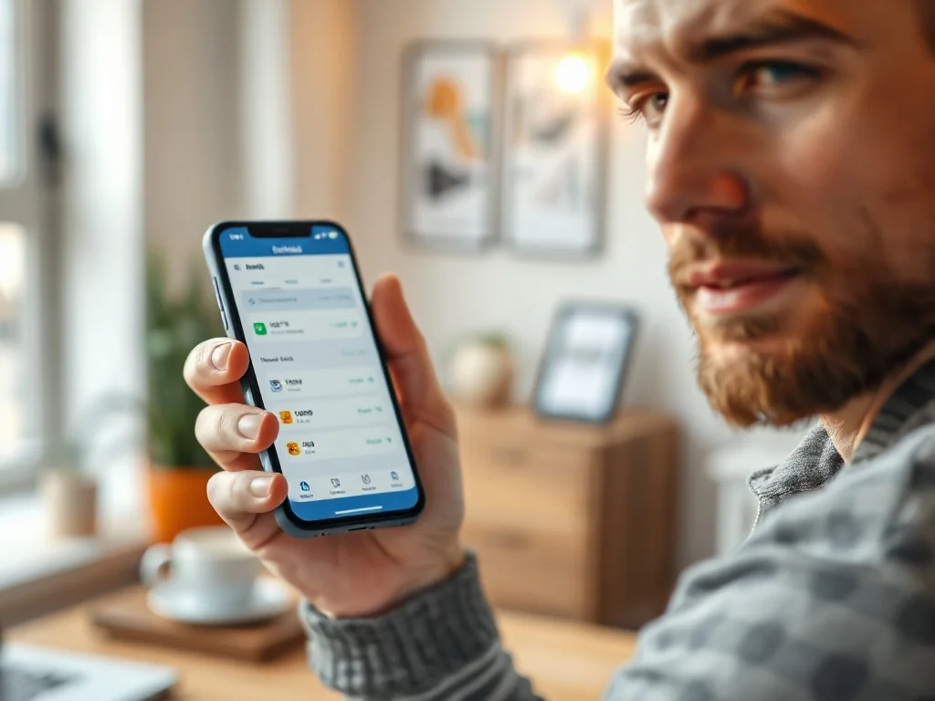 Mężczyzna trzymający smartfon z otwartą aplikacją bankową, symbolizujący szybkie zarządzanie finansami online.