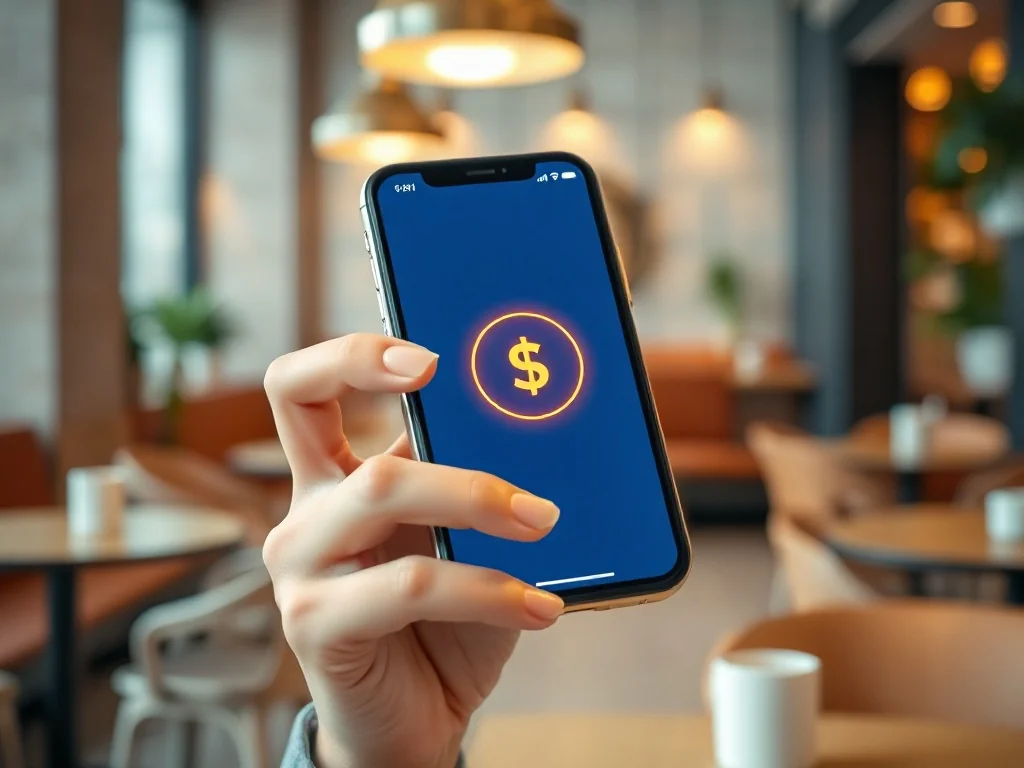 Kobieta trzymająca smartfon z otwartą aplikacją bankową, gotowa do dokonania płatności zbliżeniowej BLIK w kawiarni.