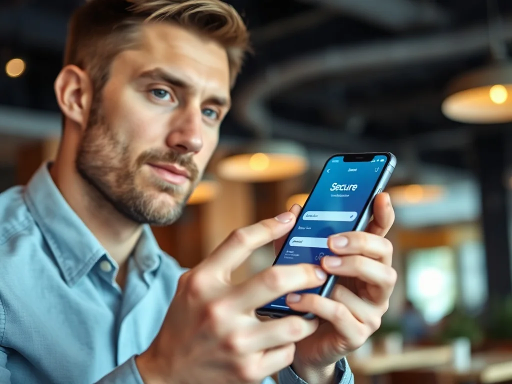 Mężczyzna trzymający smartfon z otwartą aplikacją bankową w kawiarni, ilustrujący bezpieczne korzystanie z płatności BLIK.