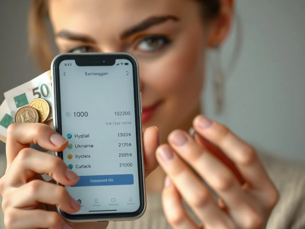 Kobieta trzymająca smartfon z aplikacją do przeliczania walut na tle ukraińskich hrywien i polskich złotych.