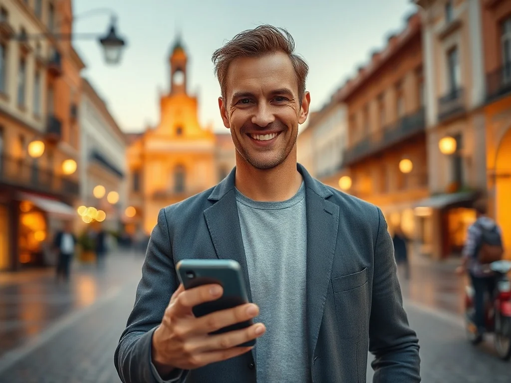 Mężczyzna z telefonem w dłoni na tle europejskiego miasta, symbolizujący wygodne płatności mobilne BLIK.