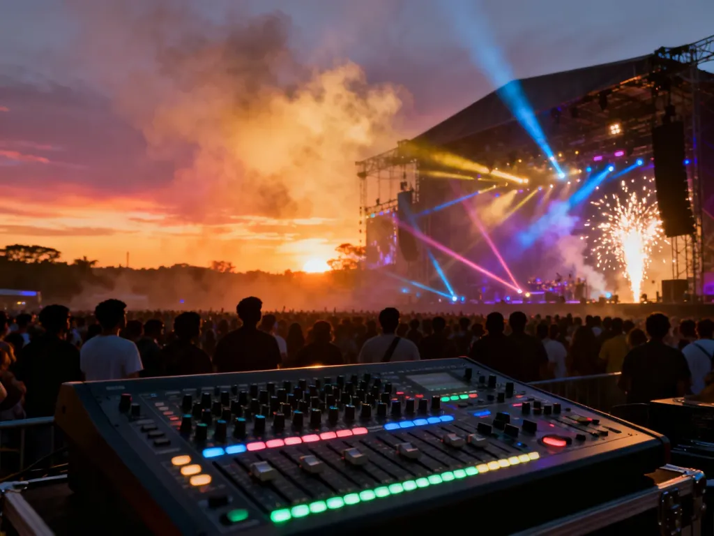 Profesjonalna konsoleta dźwiękowa na tle rozświetlonej sceny festiwalowej i tłumu ludzi podczas zachodu słońca.