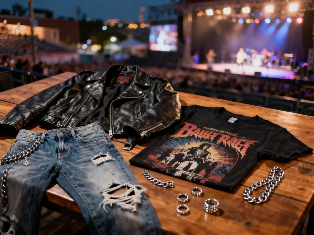 Stylowy zestaw na koncert: skórzana kurtka, podarte jeansy, koszulka z zespołem oraz srebrna biżuteria na drewnianym stole.