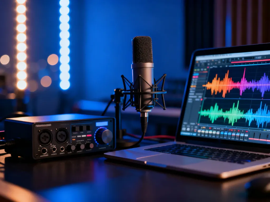 Profesjonalne studio nagraniowe z laptopem wyświetlającym fale dźwiękowe, gotowe do edycji i zapisu muzyki.