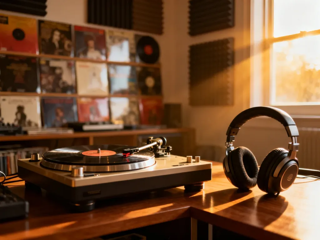 Profesjonalny sprzęt audio z gramofonem i słuchawkami w studiu muzycznym, przygotowany do analizy brzmienia utworów.
