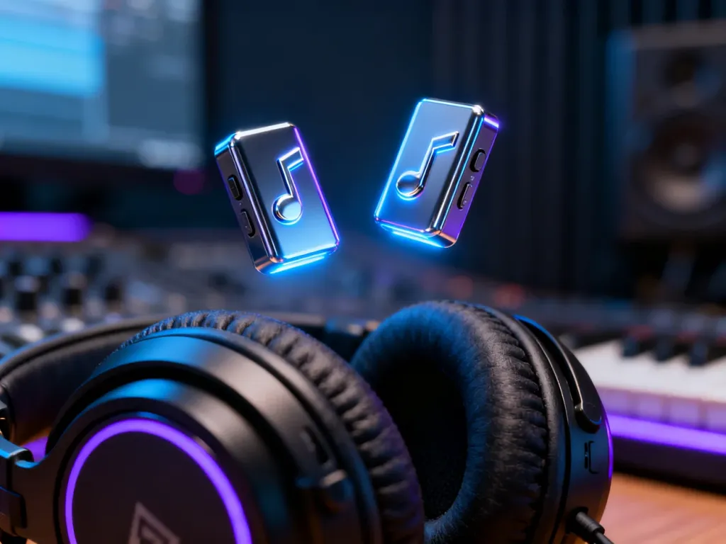 Dwa świecące, metaliczne symbole reprezentujące kodeki audio unoszące się nad profesjonalnymi słuchawkami studyjnymi.