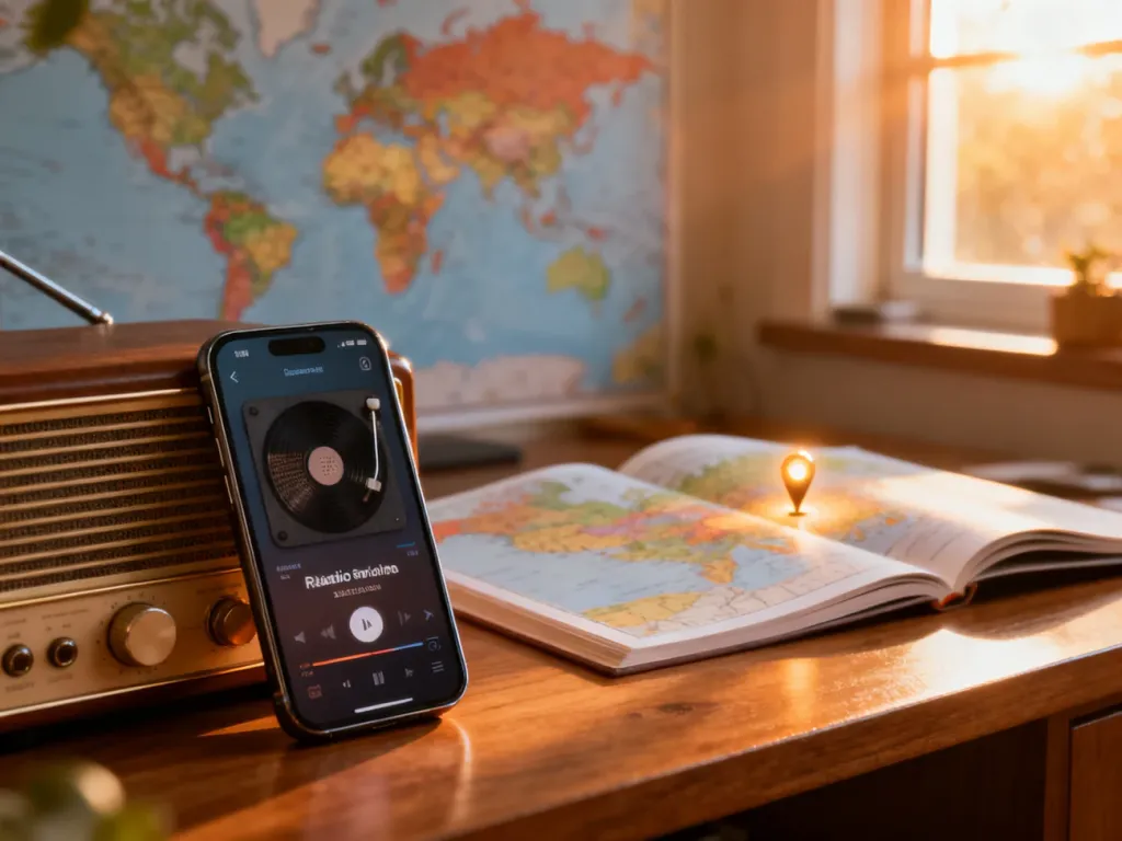Nowoczesny smartfon z aplikacją radiową obok klasycznego odbiornika i mapy świata, symbolizujący dostęp do radia za granicą.