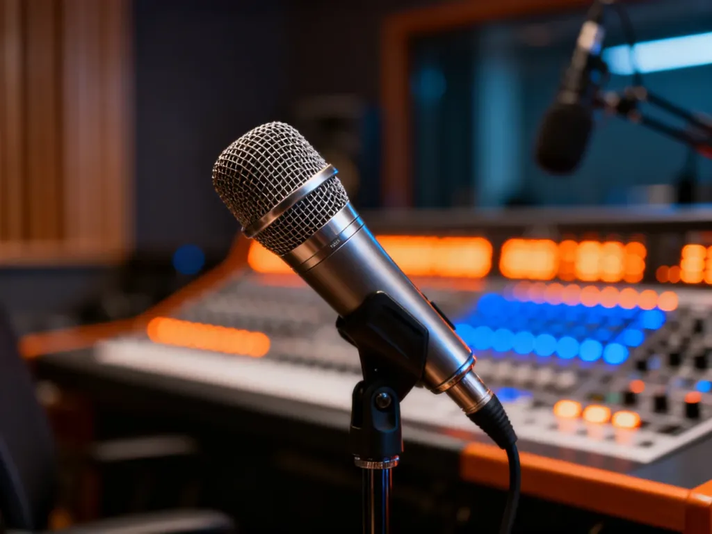 Profesjonalny mikrofon studyjny na tle rozmytej konsolety radiowej z podświetlanymi przyciskami.