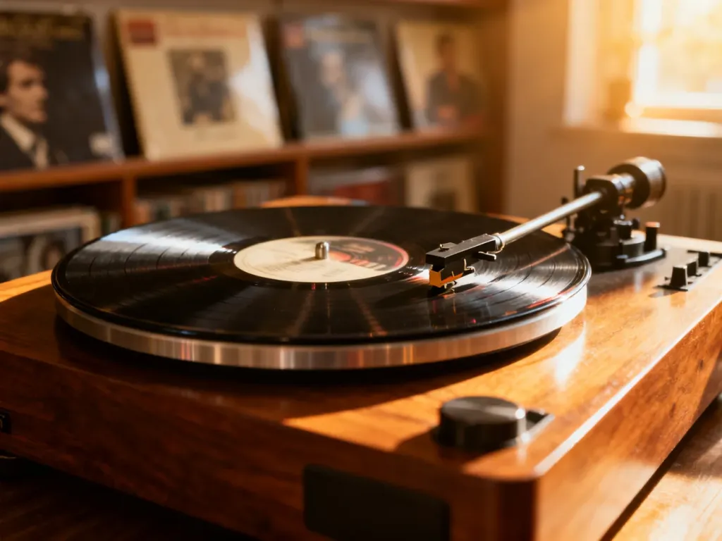 Gramofon z płytą winylową w ciepłym świetle, budujący nostalgiczny klimat muzyczny.