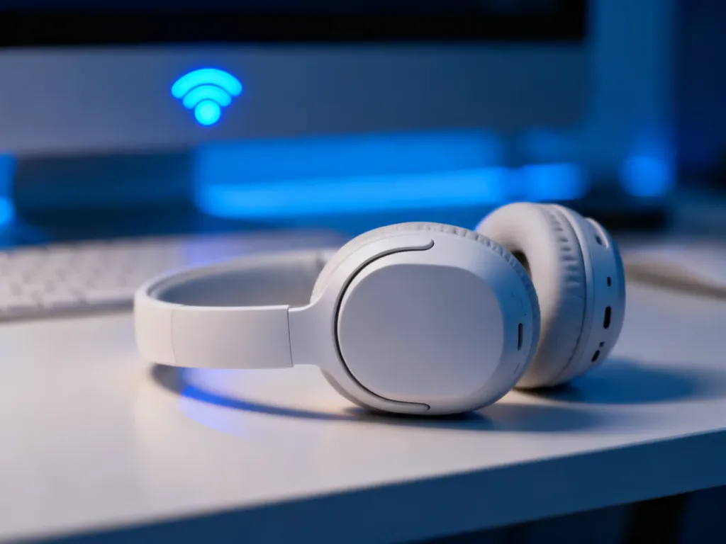 Bezprzewodowe słuchawki na minimalistycznym biurku z podświetlanym wskaźnikiem połączenia Bluetooth w tle.