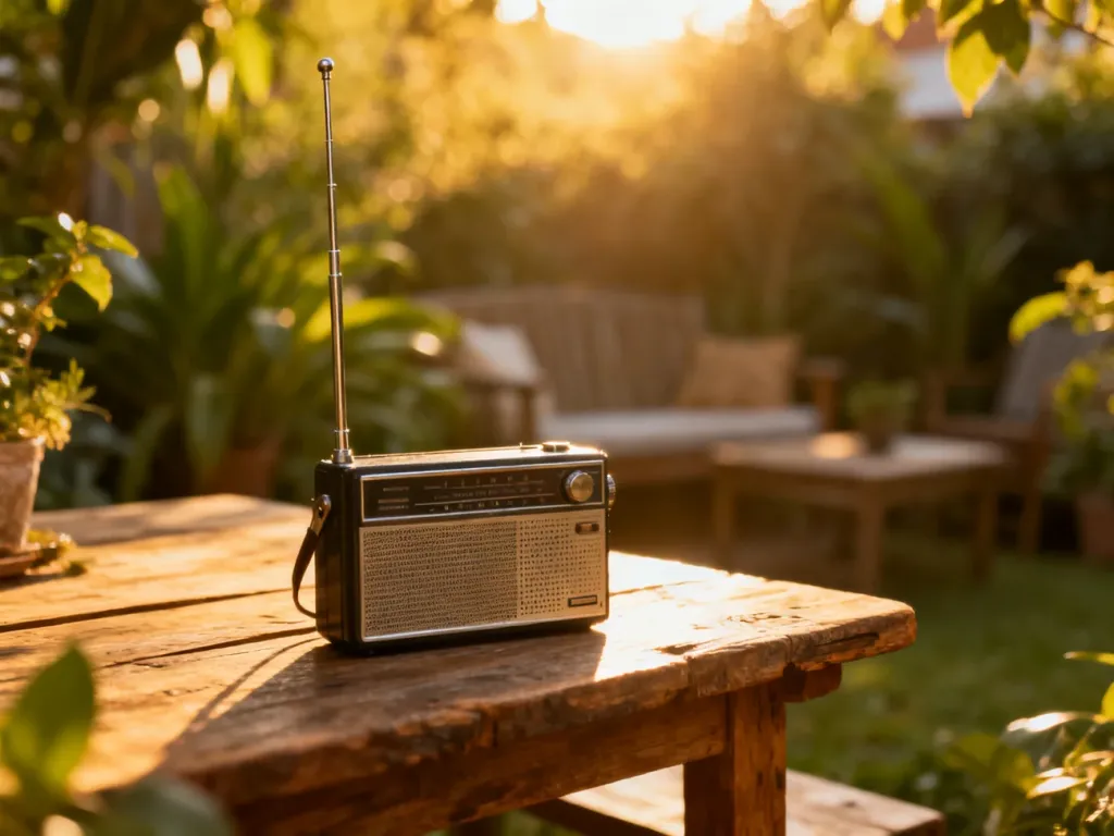 Zabytkowe radio tranzystorowe z wysuniętą anteną na drewnianym stole w słonecznym ogrodzie.