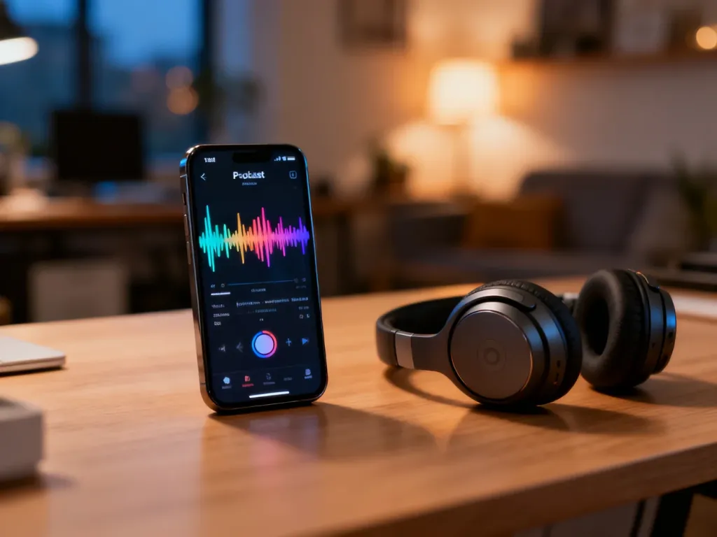 Nowoczesny smartfon z włączoną aplikacją podcastową i słuchawki bezprzewodowe na drewnianym biurku.
