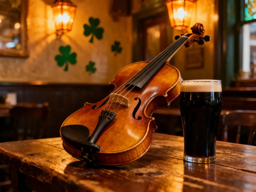 Skrzypce leżące na drewnianym stole w irlandzkim pubie obok szklanki ciemnego piwa typu stout.