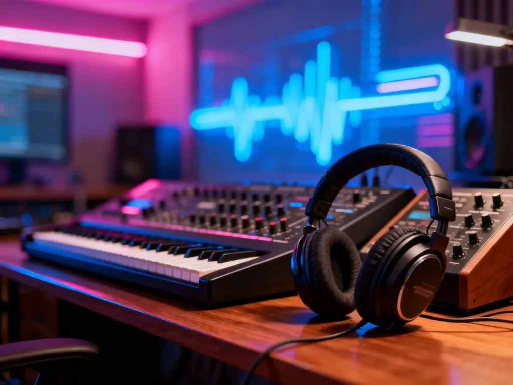 Analogowy syntezator i słuchawki w studiu nagraniowym w stylu lat 80., oddające klimat muzyki Modern Talking.