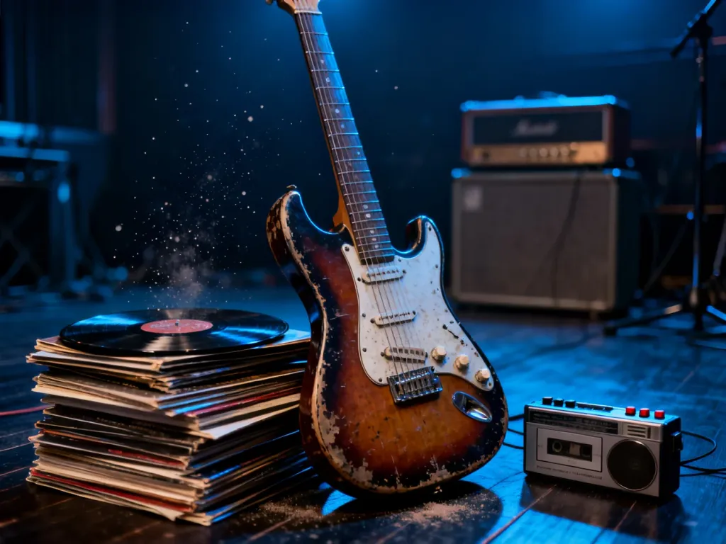 Wytarta gitara elektryczna oparta o płyty winylowe i odtwarzacz kasetowy w nastrojowym studiu nagraniowym.