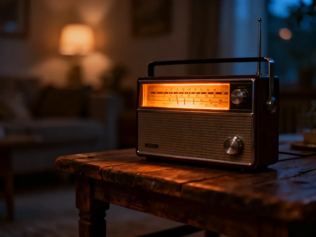 Stary radioodbiornik z podświetlaną skalą częstotliwości w przytulnym, wieczornym wnętrzu.