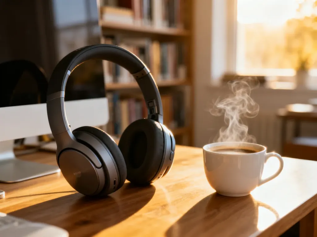 Bezprzewodowe słuchawki i kubek kawy na biurku, zachęcające do relaksu przy słuchaniu podcastów lub audiobooków.