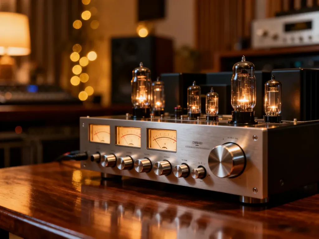 Wysokiej klasy przedwzmacniacz stereo z podświetlanymi lampami i analogowymi wskaźnikami w przytulnym domowym studiu audio.