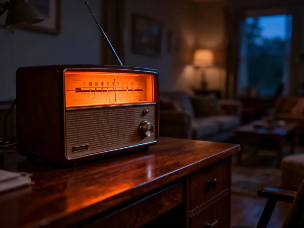 Stary odbiornik radiowy z podświetlaną skalą na drewnianym biurku, tworzący przytulny, wieczorny klimat.