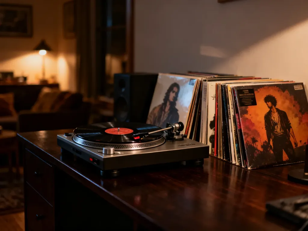 Gramofon z płytami winylowymi na drewnianym biurku w klimatycznym, nastrojowym pokoju muzycznym.