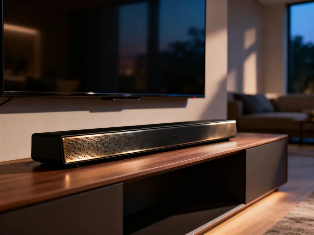 Nowoczesny soundbar umieszczony pod telewizorem w przytulnym salonie, tworzący zestaw kina domowego.