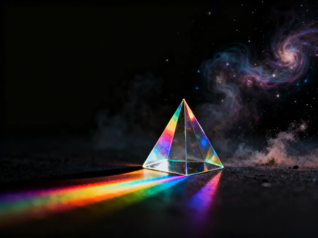 Szklany pryzmat rozszczepiający światło na tęczowe pasmo na tle kosmicznej mgławicy, nawiązujący do estetyki Pink Floyd.