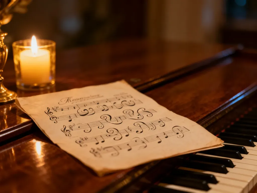 Strona z nutami z widocznymi ręcznie zapisanymi ornamentami muzycznymi, leżąca na pianinie w ciepłym świetle świecy.