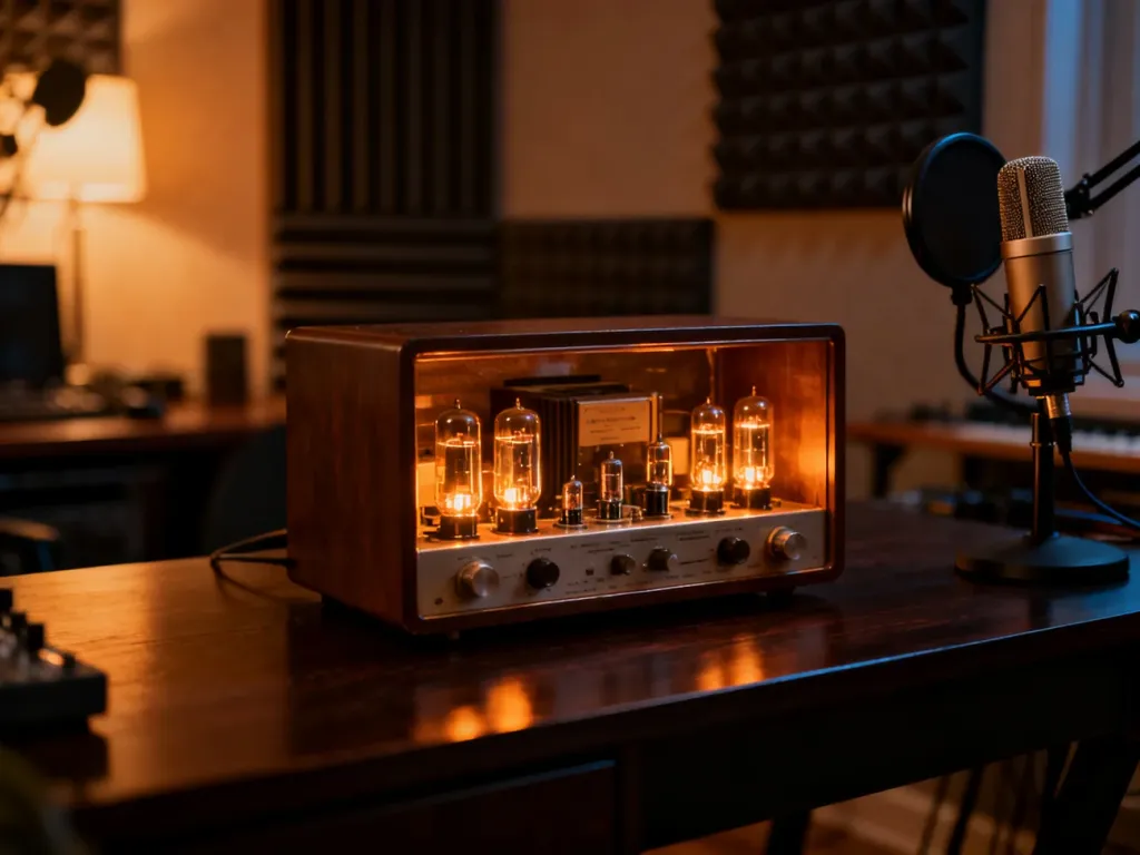 Stylowe radio lampowe na drewnianym biurku w profesjonalnym studiu nagraniowym, emanujące ciepłym, nastrojowym światłem.