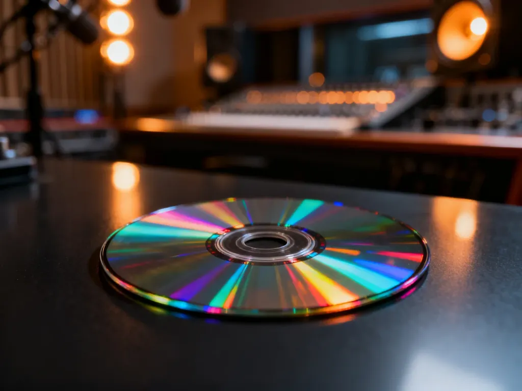 Płyta CD leżąca na ciemnej powierzchni z widocznym efektem dyfrakcji światła, w tle rozmyte wnętrze studia nagraniowego.