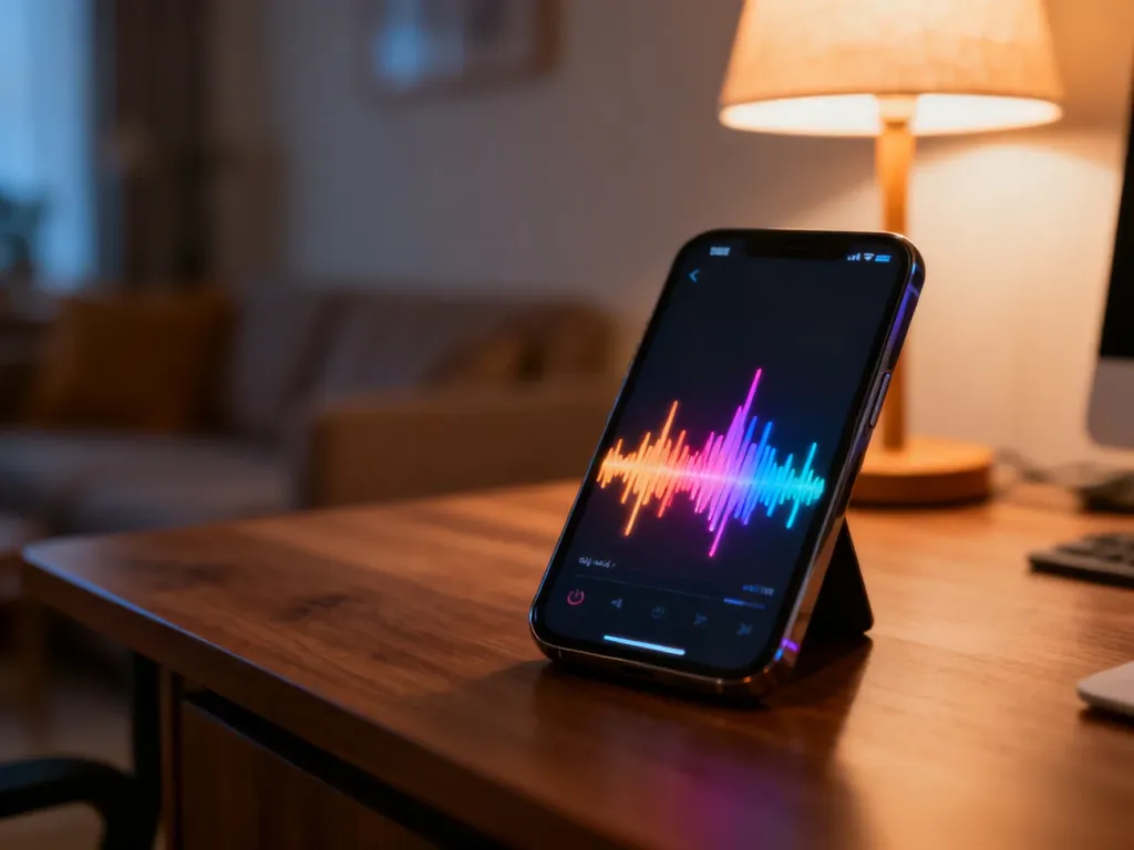 Nowoczesny smartfon z wizualizacją fali dźwiękowej na ekranie, symbolizujący słuchanie radia w aplikacji.