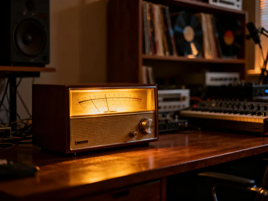 Stary odbiornik radiowy z podświetlaną skalą na drewnianym biurku w studiu nagraniowym.