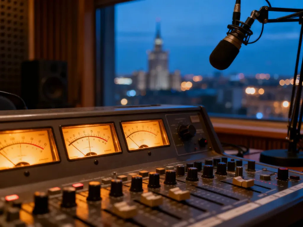 Zabytkowa konsoleta radiowa w studiu z widokiem na nocną panoramę Warszawy, nawiązująca do historii stacji Planeta FM.