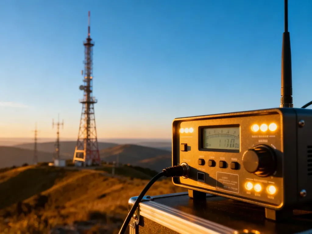 Nowoczesny odbiornik radiowy na tle wieży nadawczej o zachodzie słońca, symbolizujący proces sprawdzania zasięgu stacji.