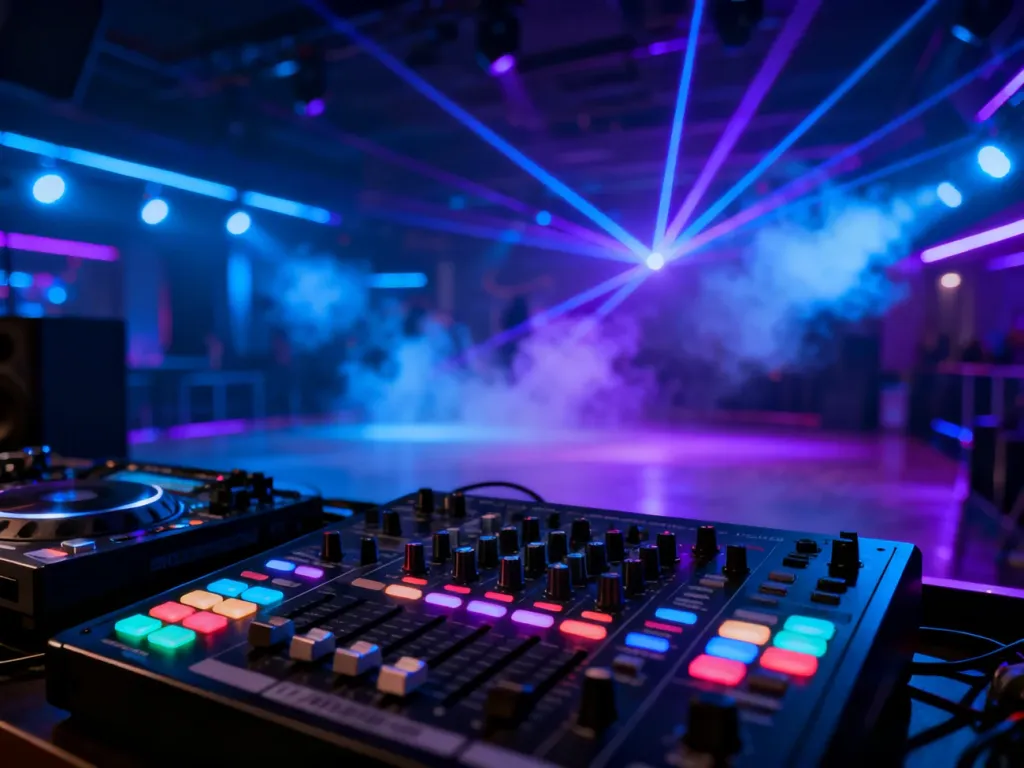 Profesjonalna konsoleta DJ-ska w klubowym oświetleniu, podkreślająca dynamiczną atmosferę występów na żywo.