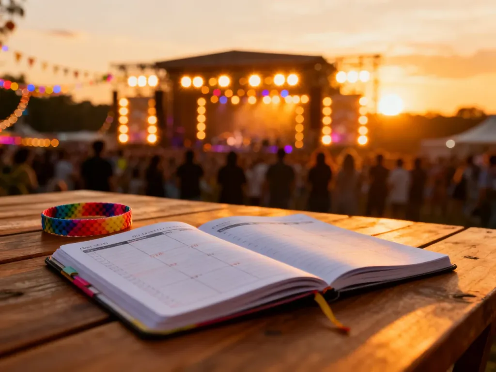 Otwarty planer i opaska festiwalowa na drewnianym stole na tle rozświetlonej sceny koncertowej o zachodzie słońca.