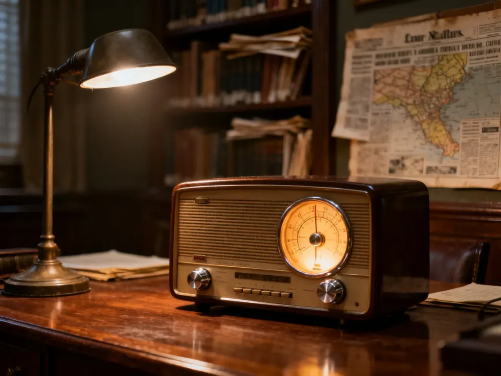 Zabytkowy radioodbiornik z lat 50. na drewnianym biurku, przywołujący klimat dawnych audycji radiowych.