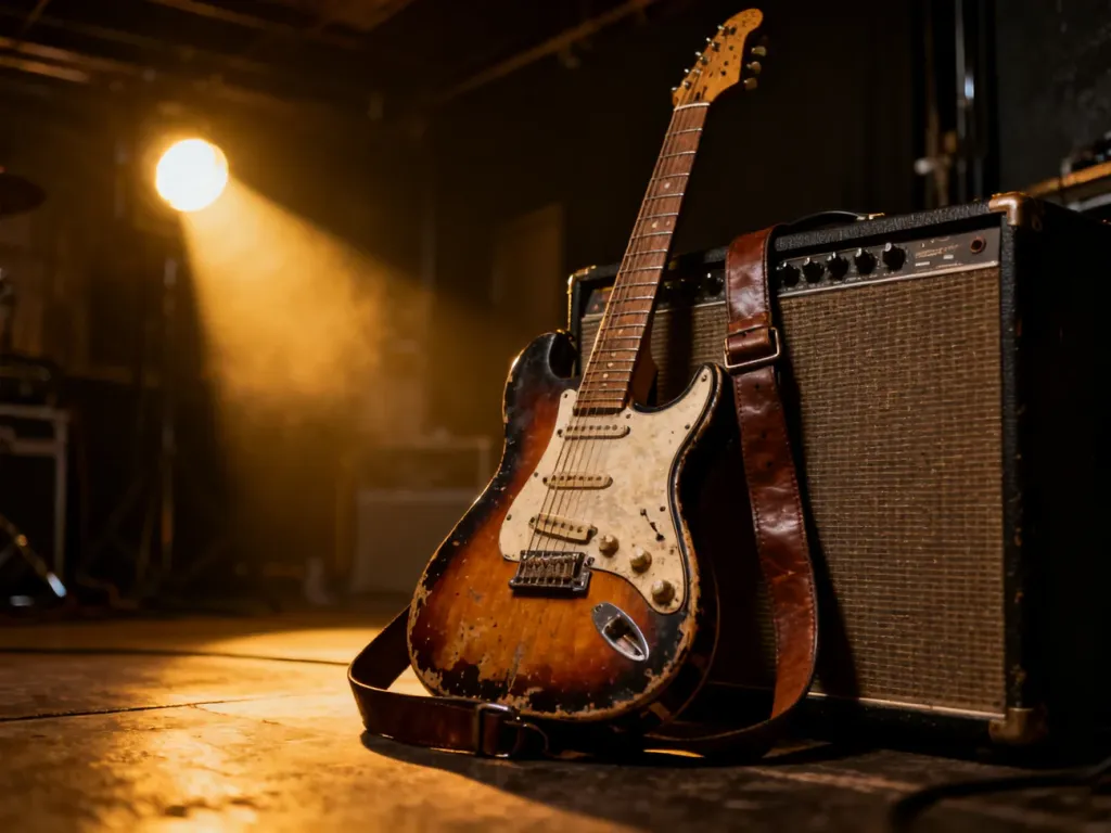 Zużyta gitara elektryczna oparta o wzmacniacz w klimatycznym, przyciemnionym pomieszczeniu za kulisami koncertu.