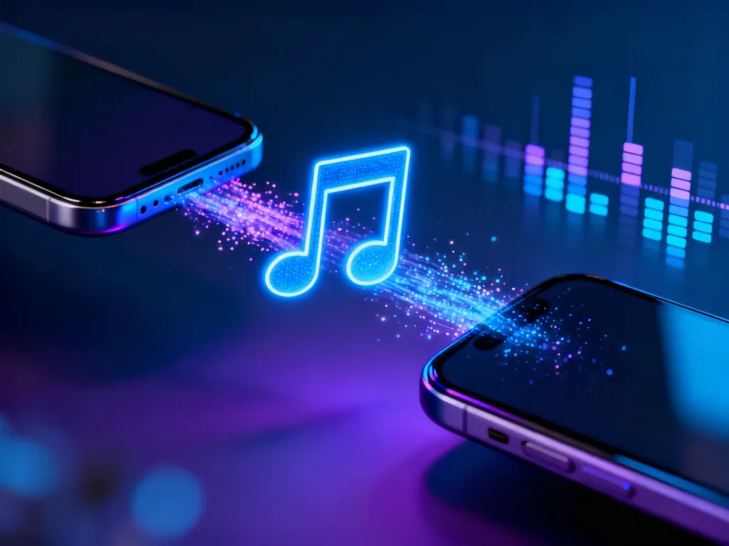 Cyfrowa wizualizacja przesyłania nuty między dwoma smartfonami, symbolizująca przenoszenie playlist między serwisami.