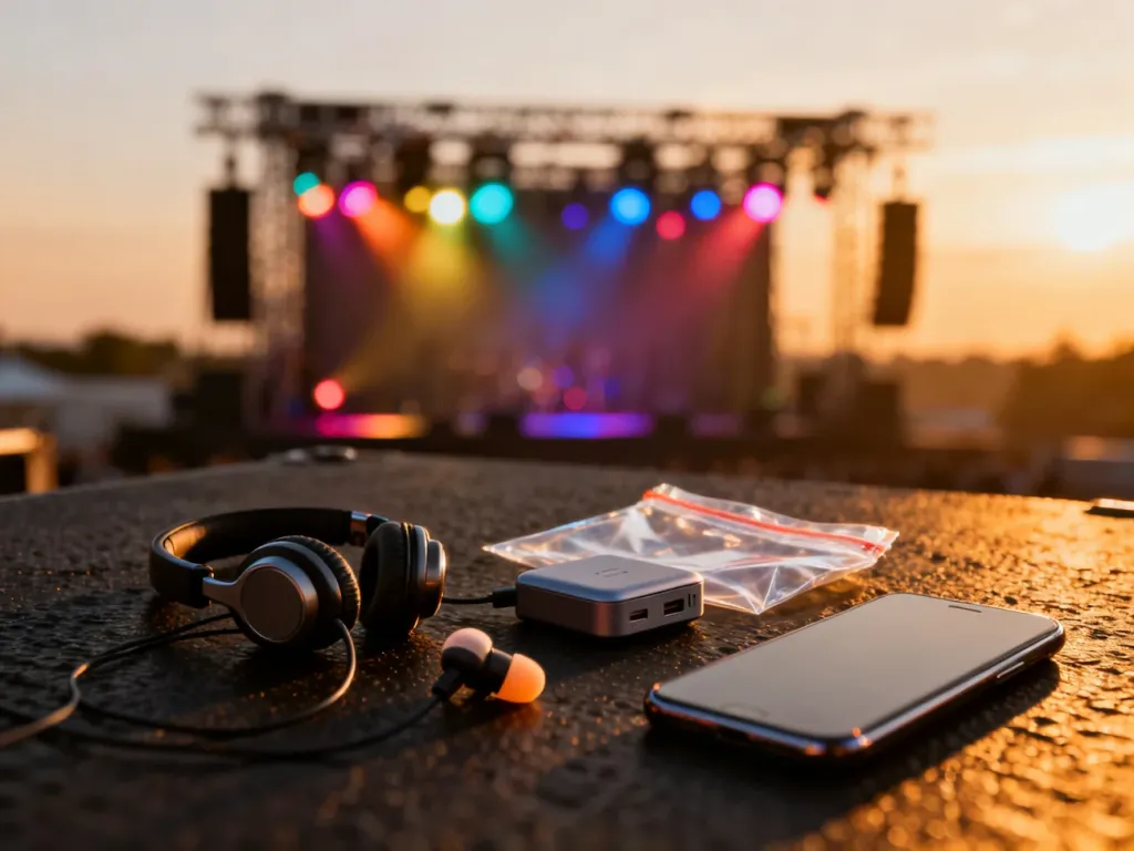 Niezbędne przedmioty na koncert, takie jak zatyczki do uszu, powerbank i przezroczysta torebka, ułożone na ciemnym tle.