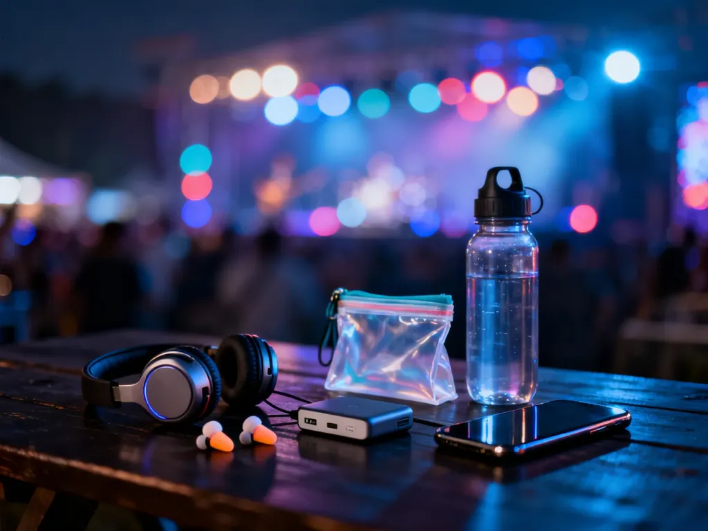 Niezbędne przedmioty na koncert, takie jak powerbank, zatyczki do uszu i przezroczysta torba, ułożone na drewnianym tle.