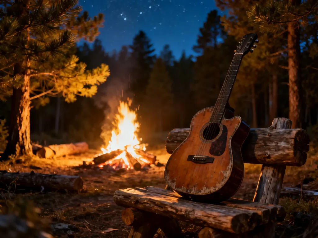 Akustyczna gitara oparta o pień przy płonącym ognisku w lesie, tworząca nastrojowy klimat wieczornego spotkania z muzyką.