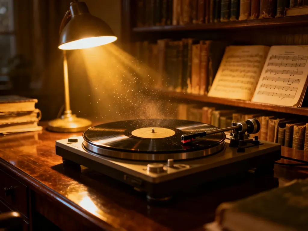 Gramofon z obracającą się płytą winylową w przytulnym, nastrojowym wnętrzu z książkami, budujący klimat muzycznej nostalgii.