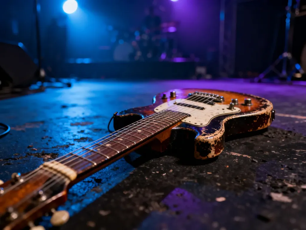 Zniszczona gitara elektryczna na ciemnej scenie w klimatycznym, koncertowym oświetleniu.