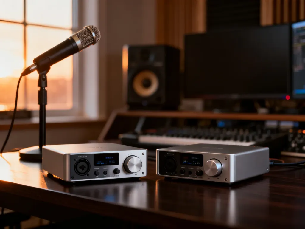 Dwa interfejsy audio Universal Audio Volt i Apollo ustawione obok siebie na biurku w profesjonalnym studiu nagraniowym.