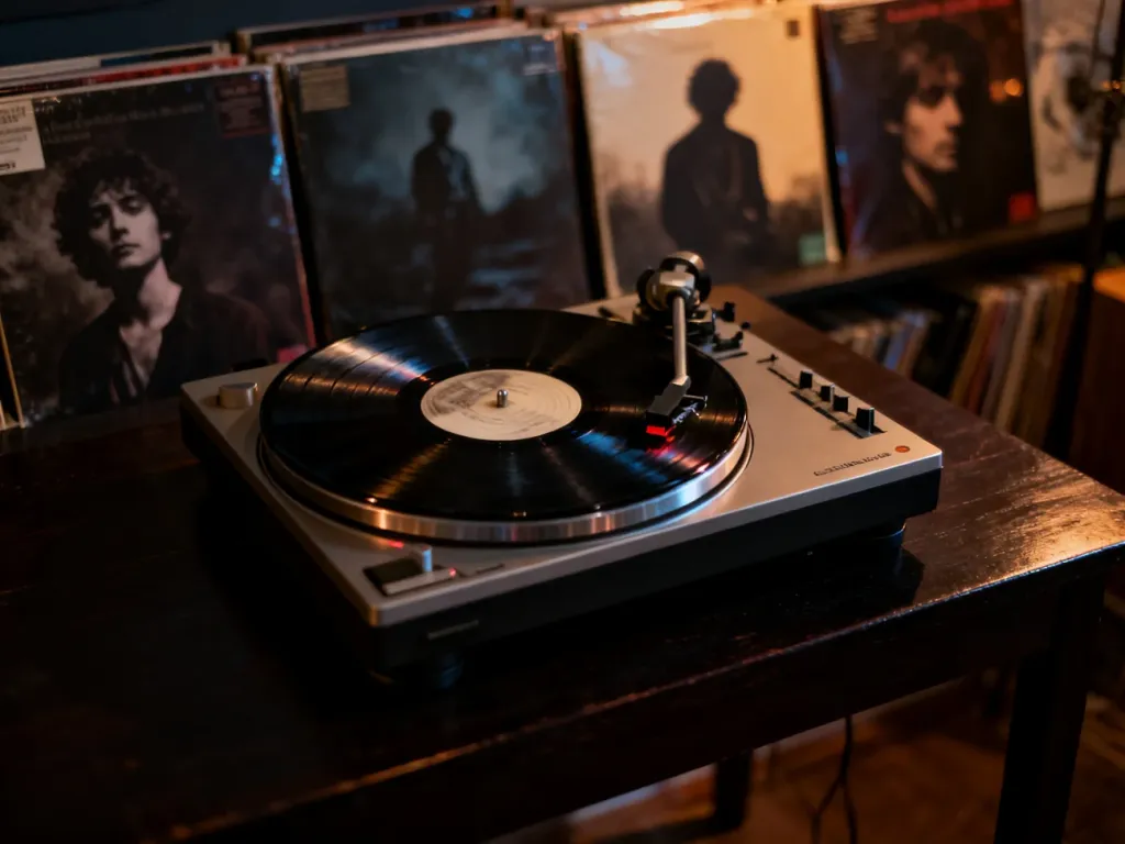 Gramofon odtwarzający płytę winylową w nastrojowym, wieczornym świetle, podkreślający klasyczny klimat muzyki The Cure.
