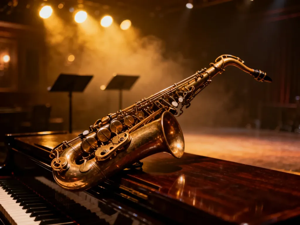 Złoty saksofon spoczywający na pianinie w nastrojowym klubie jazzowym, budujący klimat muzycznej pasji.
